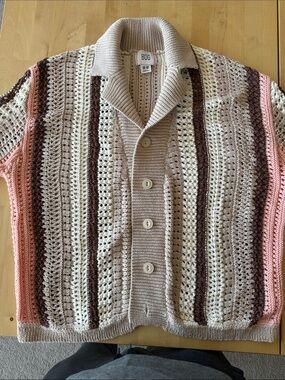 BDG Crochet Button-Front Cardigan in Beige, Brown & Pink